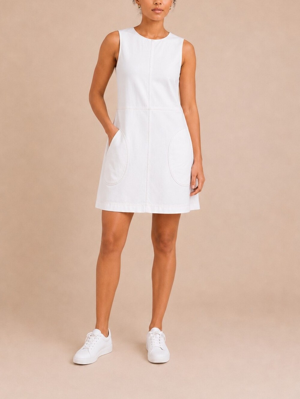 Sleeveless White A-Line Pocket Dress